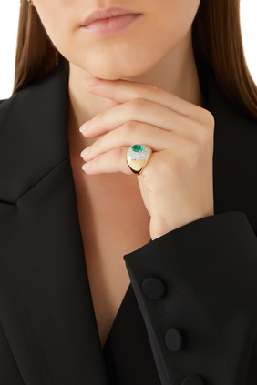 Pompadour Signet Ring, 18k Yellow Gold with Emerald & Diamonds